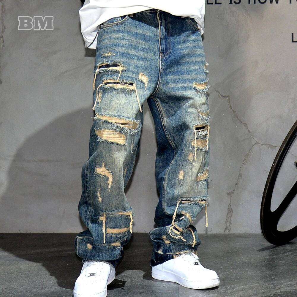 Mens Ripped Baggy Jeans Distressed Denim Streetwear Skateboard Pants Straight Leg Patchwork Oversized Urban Fashion Workwear Z260225