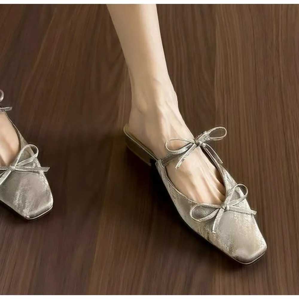 Summer and Autumn New Fashion Korean Version Half-drag Bow Ballet Shoes Small Man Satin Face One-word with Wrap Toe Single Shoes K260311