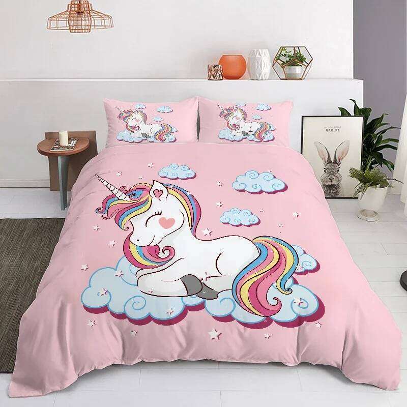 Modern Lovely Princess Kids Bedding Set Twin Size Microfiber Cartoon Unicorn Swan Ballet Girl Print Duvet Cover With Pillowcases H260311