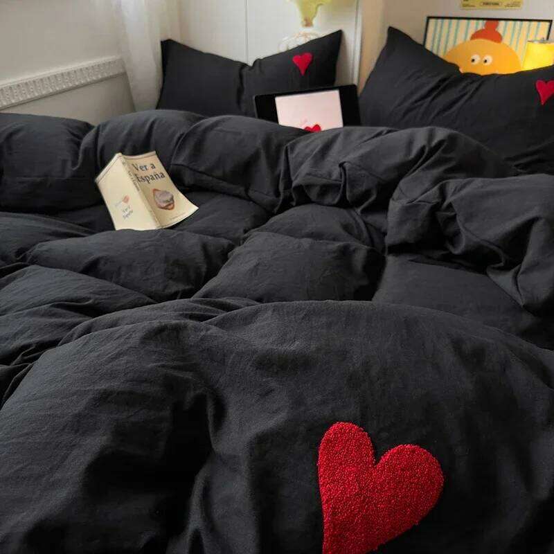 Washed Cotton Super Soft Cool Black Cover Set Heart-shaped Towel Bedding Skin Friendly Duvet Covers Bed Sheets H260311