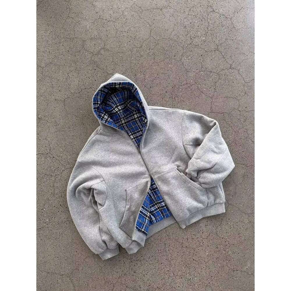 2026 New Double-Sided Blue Plaid Hoodie Men Women Embroidered Loose Zipper Hooded Jacket Y2K Streetwear Casual Couple Sweatshirt 26H0311