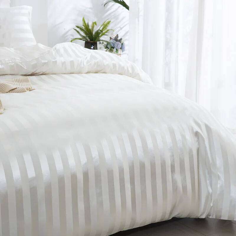 Satin Striped Full/Queen/King/Single/Double Size Set, Silky Like Ivory White Stripe Duvet Cover Bedding Set H260311