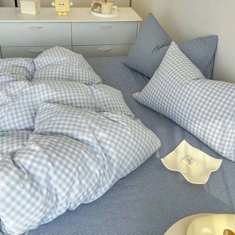 Ins Pink Plaid Bedding Set No Filler Twin Queen Size Comforter Cover Flat Sheet Pillowcase Girls Boys Solid Blanket Duvet H260311