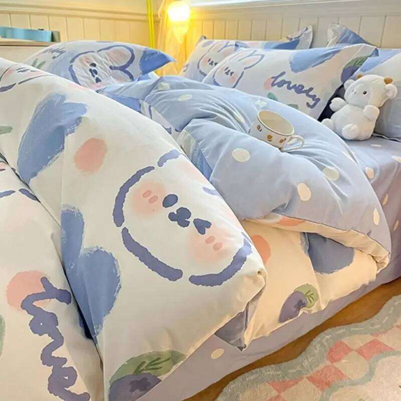 Cute Rabbit Bedding Set New No Filler Ins Floral Duvet Flat Sheet Pillowcases Twin Queen Size Girls Boys Comforter Cover H260311