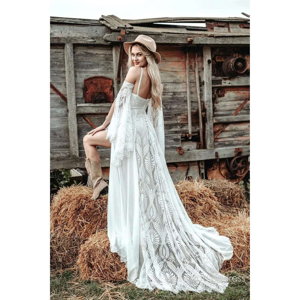 Hippie Crochet Lace Dress 2026 Slit Sexy Backless Chic Civil Bohemian Wedding Dresses With Sleeves Romantic Bride vestido novia robe de mariee