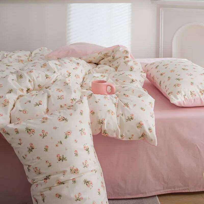 Pink Flowers Duvet Cover Ins Fashion Single Queen Size Girls Boys Flat Sheet Pillowcase No Filler Home Decor Bedding Set H260311