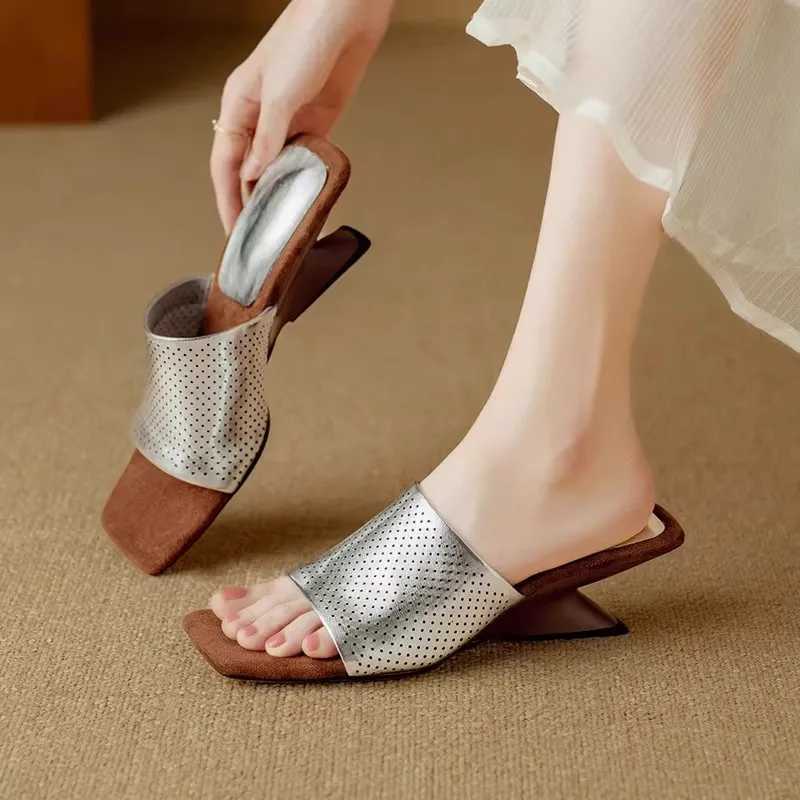 New Square Open Toe Wedge Sandals Women Elegant Genuine Leather Summer New Special-Shaped Heel Fashion Dress Party Shoes K260311