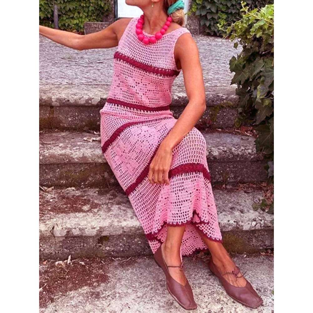 Casual Hollow Knitted For Women Fashion O-neck Sleeveless Contrasting Striped A-line Long Dress Spring Summer New Style Z260311