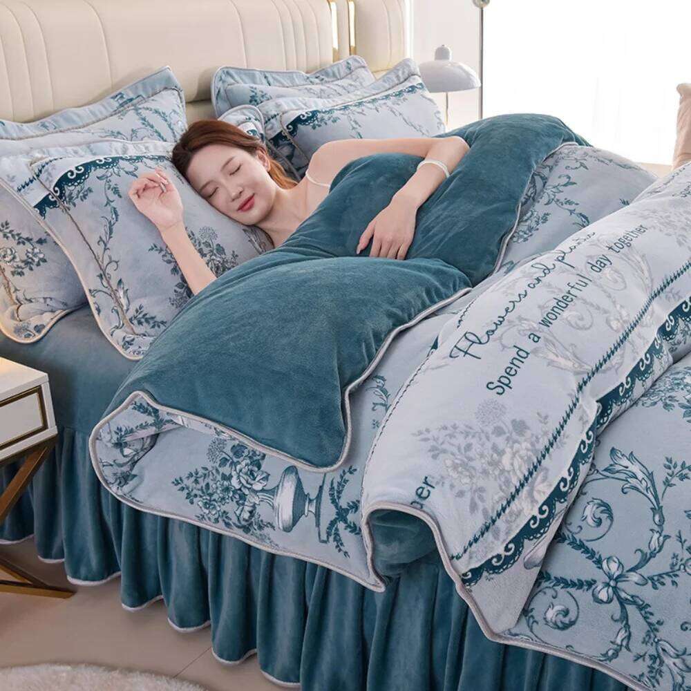 Winter Warm Floral Printed Bedding Milk Velvet Queen Anti-static Thickened Duvet Cover Pillowcase Bed Skirt Four Piece Set H260311