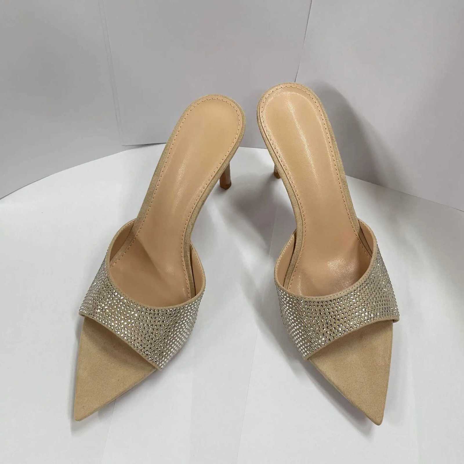 Womens Rhinestone Mules Pointed Toe Stiletto Heel Sparkly Slip On Sandals Elegant Evening Party Shoes Shiny Metallic Finish K260311