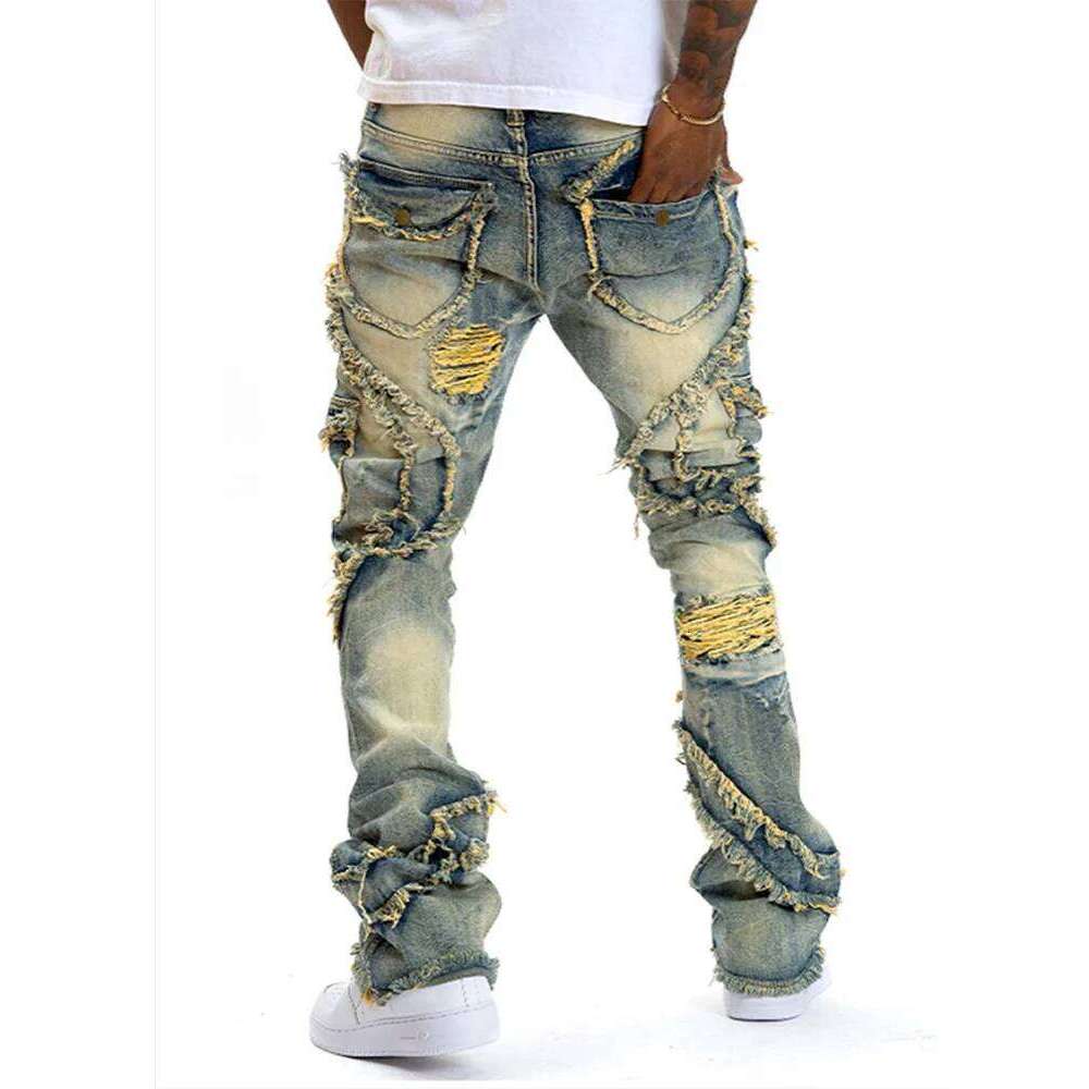 Fashion Ripped Patchwork Men's Jeans Zipper High Waist Slim Pencil Denim Pants 2025 Autumn Male Streetwear Z260225