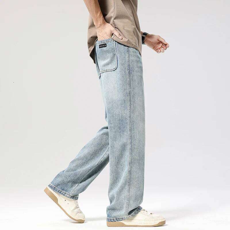 Autumn Casual Men's Straight Jeans Fashion Loose Vintage Elastic Waist Trousers Light Blue Personality Wide Pants Denim Male Z260225