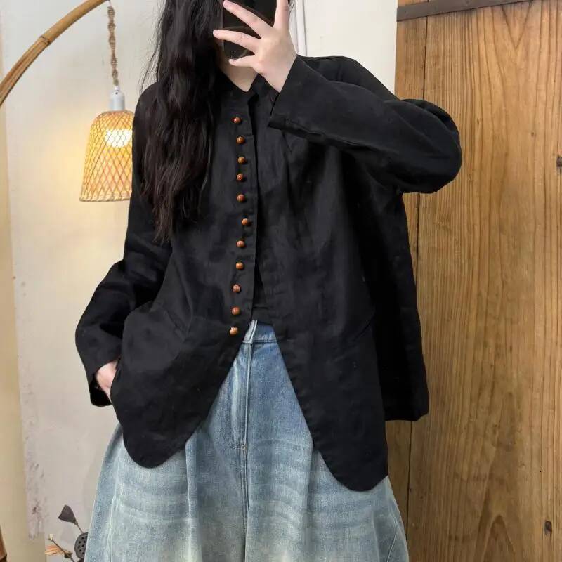 New Arrival Spring Arts Style Women Long Sleeve Stand Collar Loose Shirt Vintage Single Breasted Cotton Linen Casual Blouse Tops