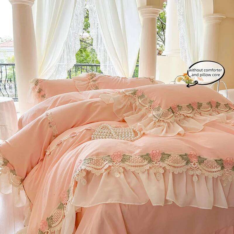 3-Piece Sheet Pink Lace Duvet Cover Set, Comfortable Bedding Set Bedspread for All Seasons H260311