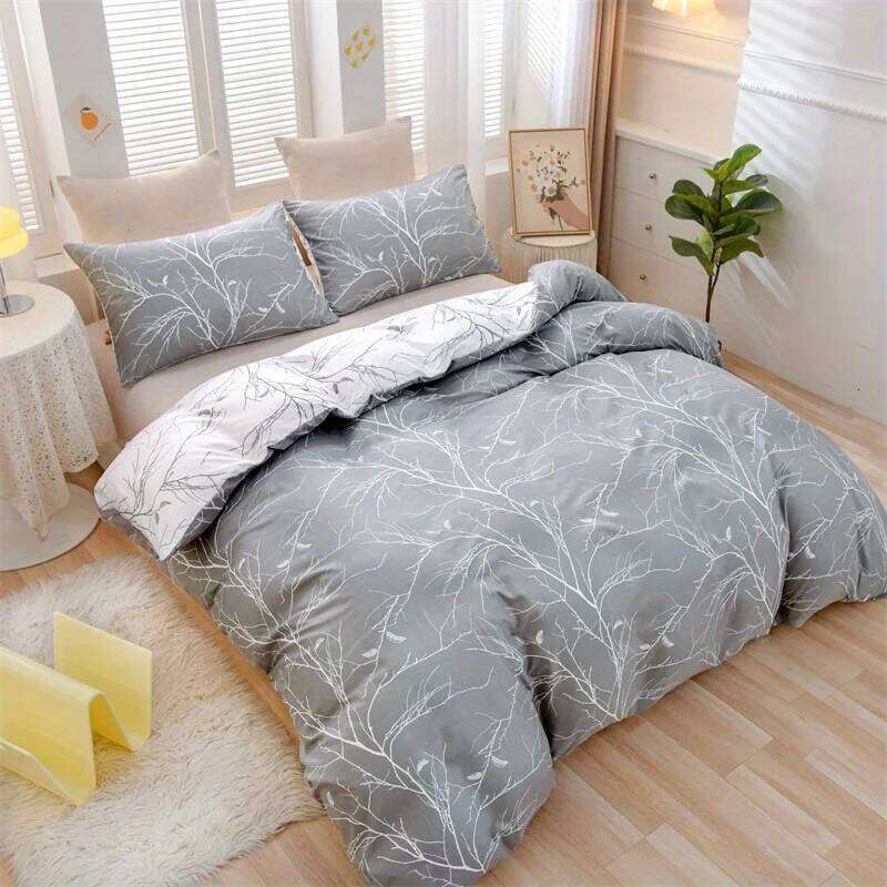 3PCS Branch printing Gray and White Botanical Geometric Printing Bedding 1 duvet cover + 2 PILLOWCASES NO pillow core H260311