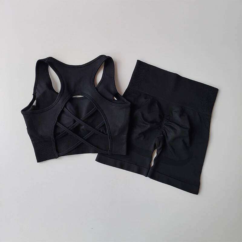 High Waist Hip Lifting Fitness Set for Women with Beautiful Sport Bra Yoga Dress Tight Training and Sports Shorts Suit 26H0311