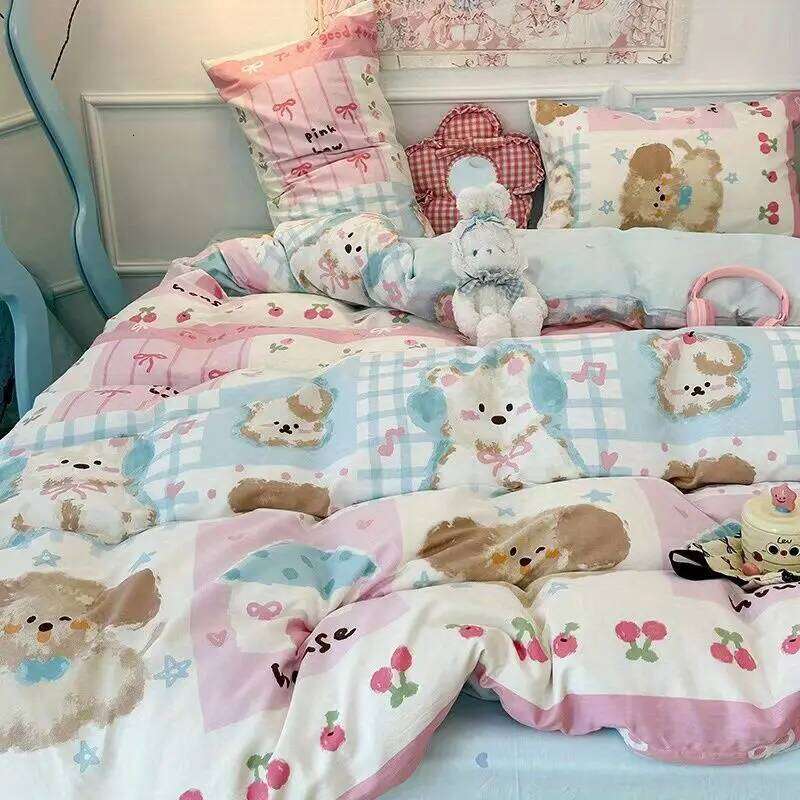 Kawaii Bedding Set for Kids Ins Twin Queen Size Duvet Cover Flat Sheet Pillowcase No Filler Girls Boys Home Totel Bed Linens H260311