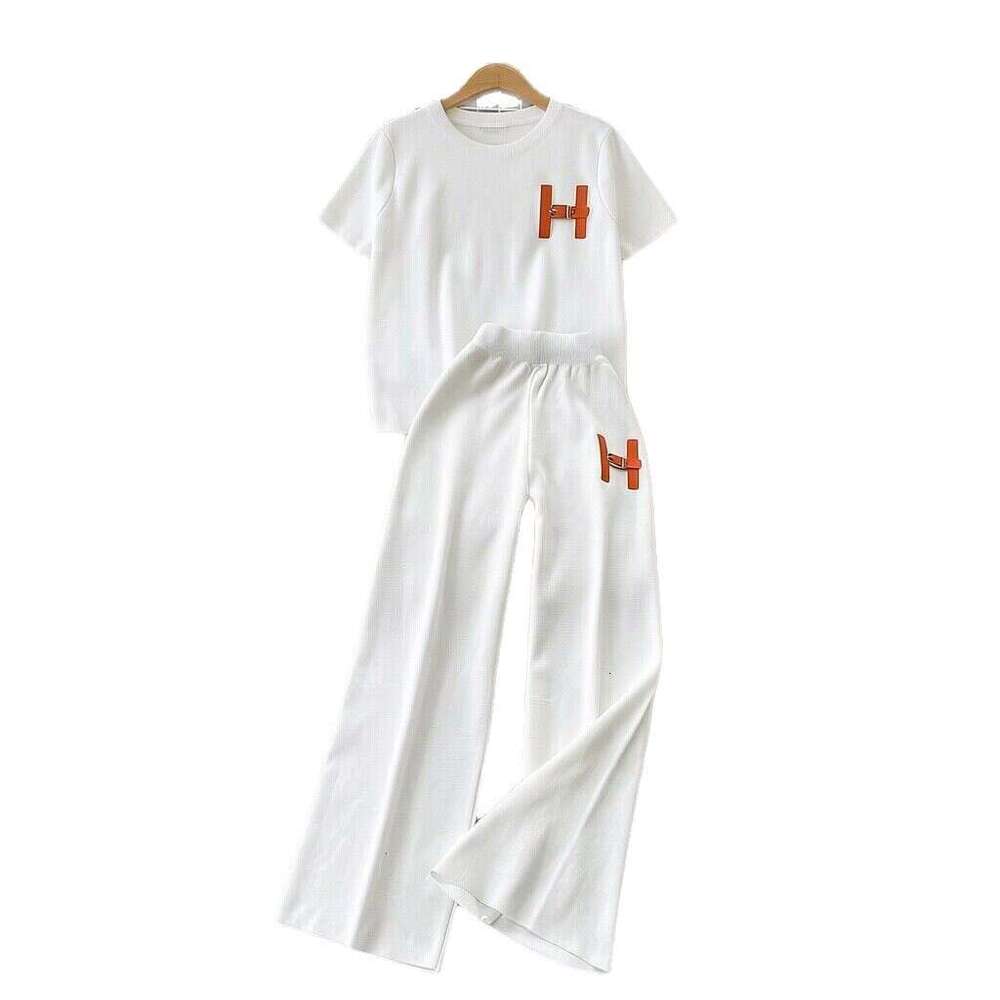 Women's new Korean version loose letter embroidered knitted T-shirt top+high waist slimming wide leg pants two-piece set