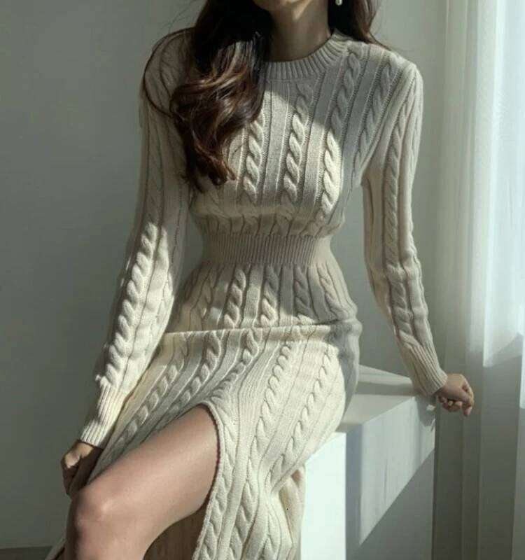 French Long Sleeve Sweater Knee Length Dress High Fork Style Thickened Paired With Knitted Dresses Women Autumn Winter Season Z260311