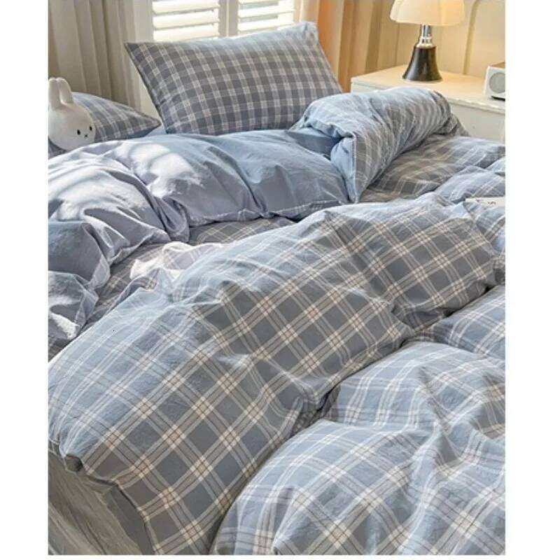 2025 New Simple Japanese style gray grid bed sheet duvet cover 4-piece student apartment four season 3-piece set H260311