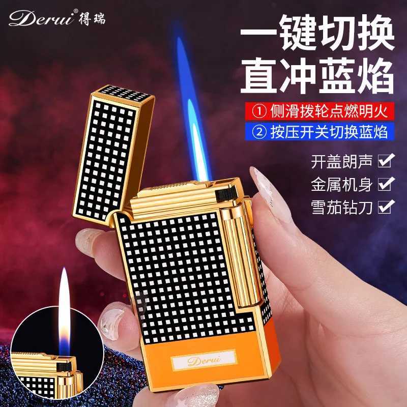 New DERUI Side Sliding Loud Sound Double Fire Lighter Metal Inflatable Mens Light Luxury Gift Double Fire Switch N260311
