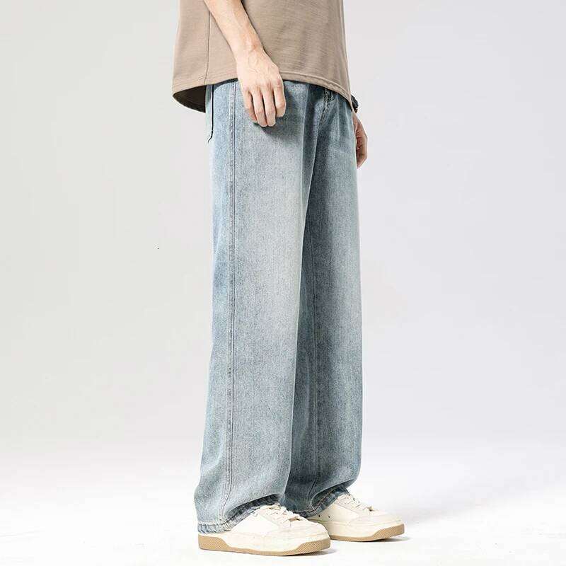 Autumn Casual Men's Straight Jeans Fashion Loose Vintage Elastic Waist Trousers Light Blue Personality Wide Pants Denim Male Z260225