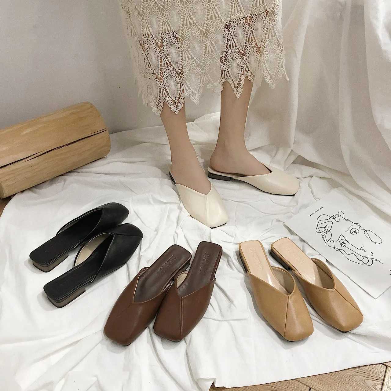 Half drag women 2025 new simple square toe grandma shoes casual coarse heel low heel slippers K260311