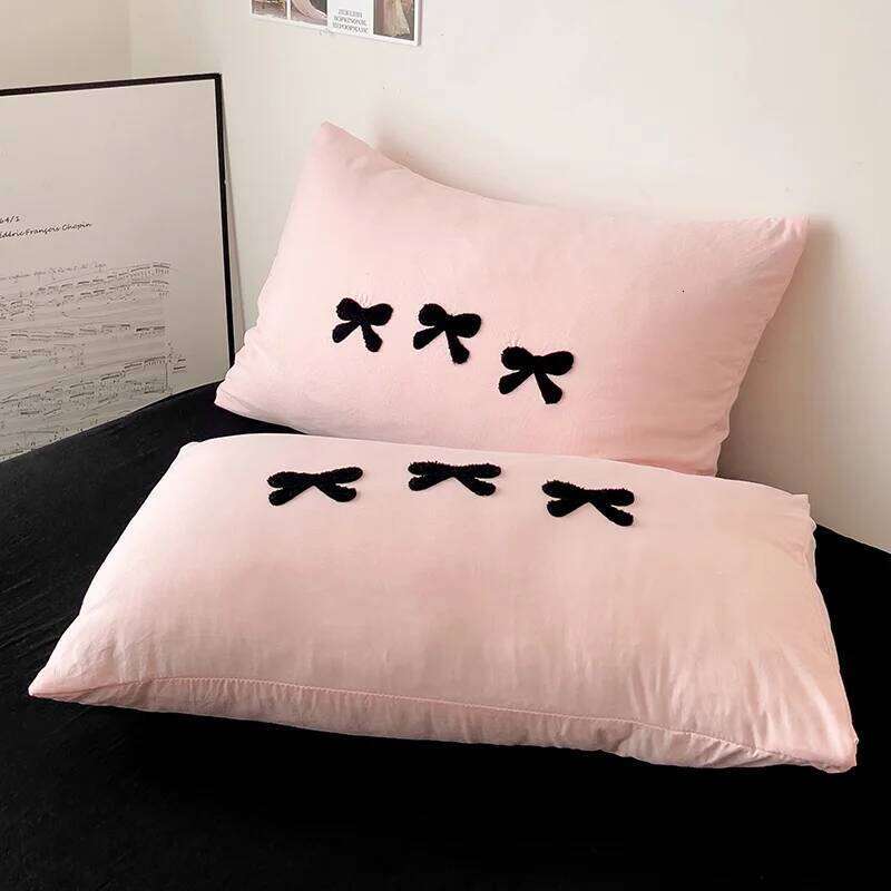 Black Bow Embroidery Duvet 3 Pieces Set Girl Adult Bedroom Pink Decor Quilt Cover Solid Color Bedding with 2 Pillowcases H260311