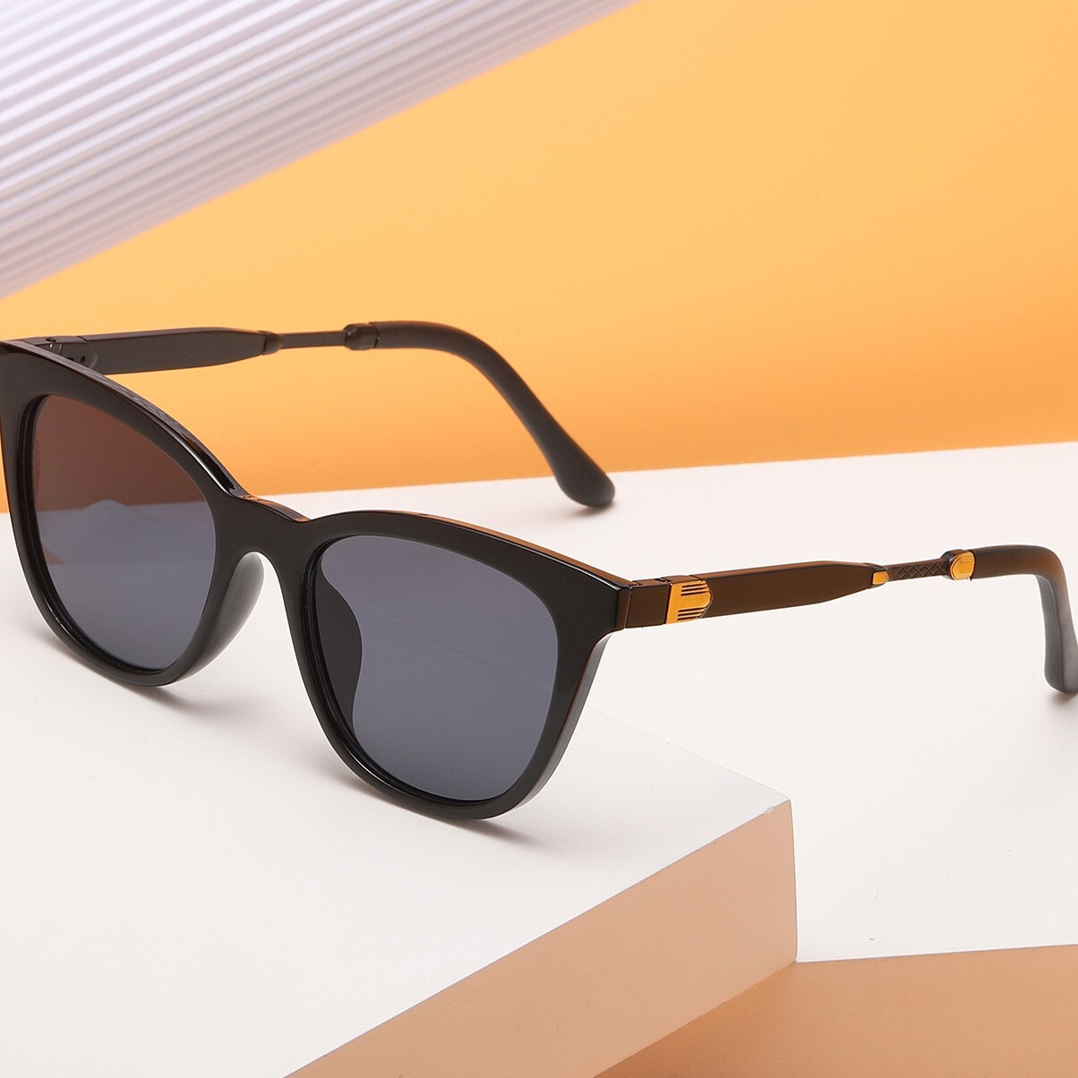 Aluminum-magnesium spring temple cat-eye sunglasses for men, UV protection, trendy large-frame sunglasses for women, high-end flat glasses