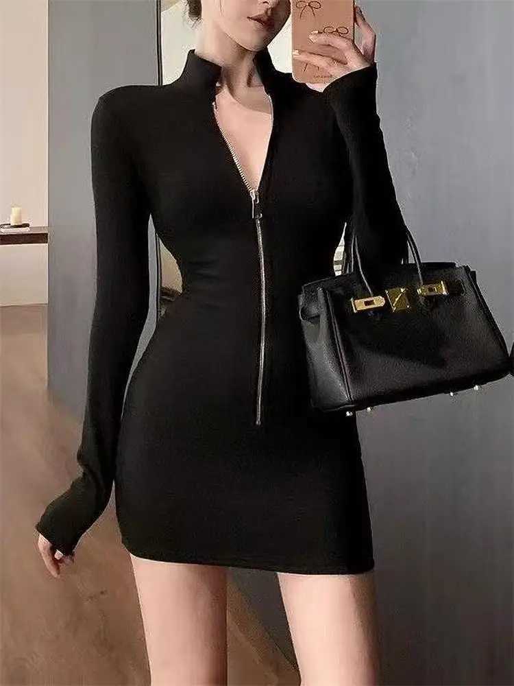 Long Sleeve Zipper Bodycon Dress Women Turtleneck Sexy Mini Dresses Autumn Black Skinny Stretchy Party Vestidos M260311