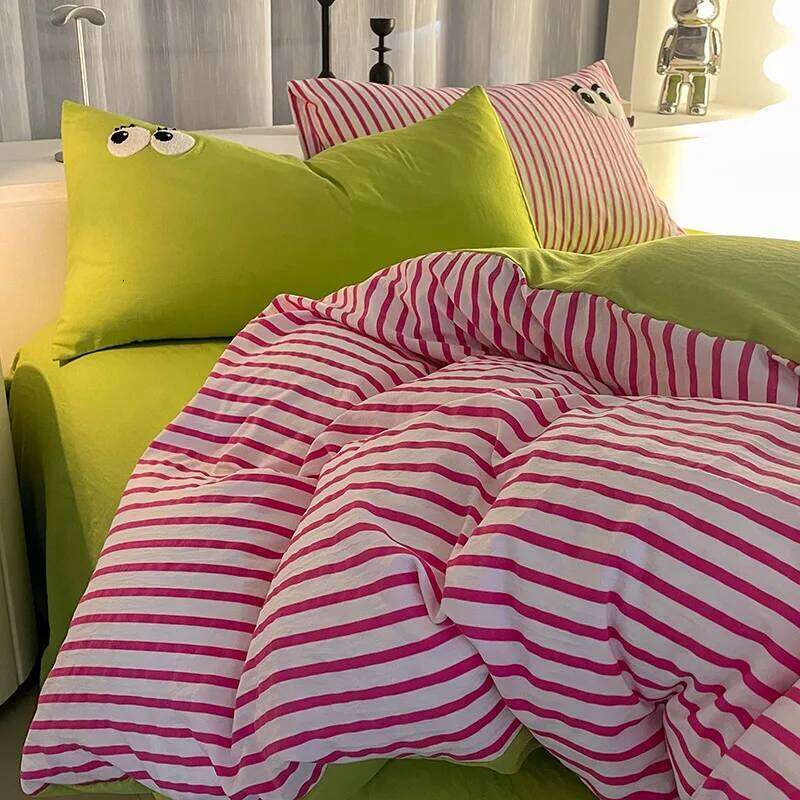 Stripe Washed Cotton Bedding Pillowcase bed sheet Full Size Linen Duvet Cover Set Queen/King Double Single Bed H260311