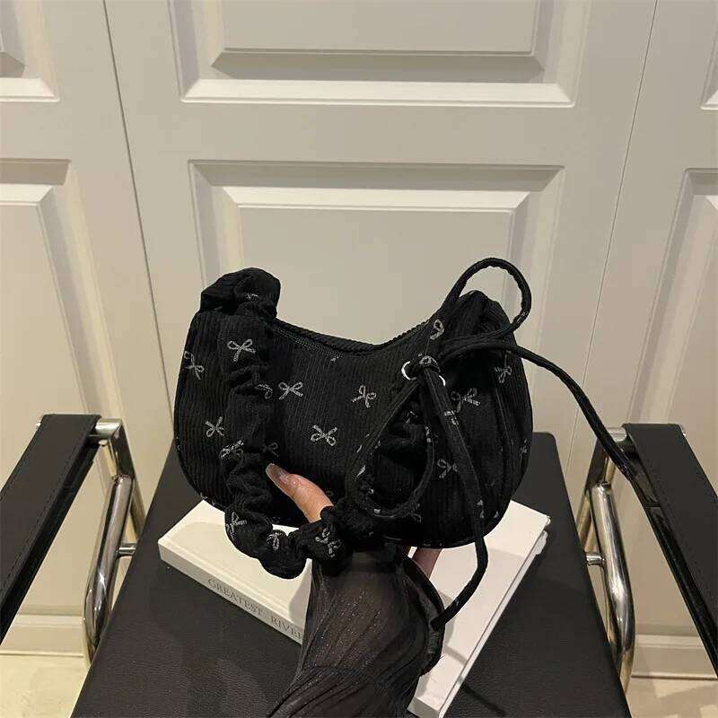 Casual Bow Women Corduroy Shoulder Bags Lightweight Portable Ladies Underarm Bag Saimple Female Pleated Strap Handbags Purse XJ260311