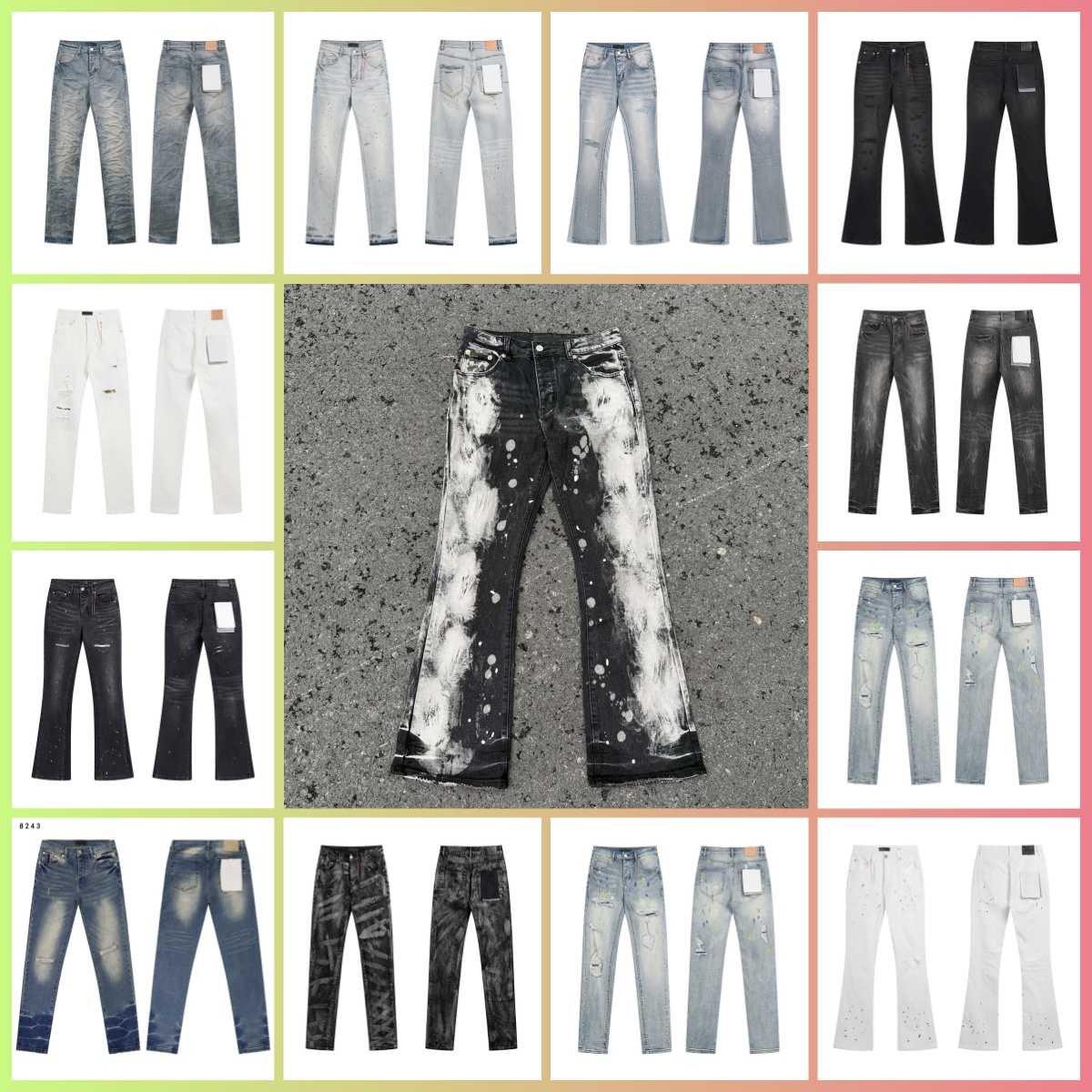 Designer Purples Straight Retro Ripped Biker Jeans | Mens High Quality Letter Print Denim Motorcycle Trousers