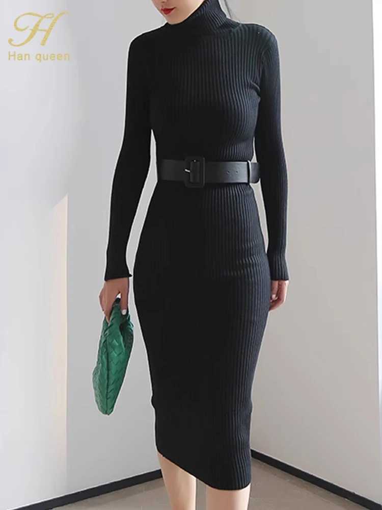 H Han Queen Knitted Turtleneck Sweater Bodycon Dress Bottoming Women Soft Elastic Autumn Winter Midi Party Dresses With Belt M260311