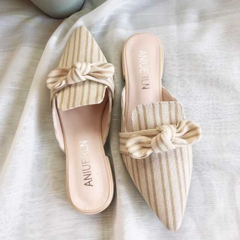 Shoes with Heel Mules Summer 2026Beige Slides Plaid Bow Womens and Ladies Sandals Job Natural Skin I New Fashion K260311