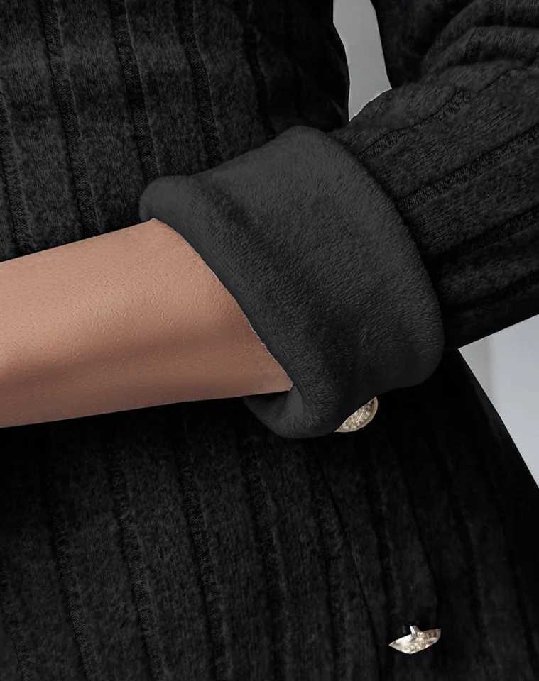 WomenS Elegant Fleece-Lined Dress - Long Sleeve V-Neck Button-Up Front Ribbed Texture Black Perfect for Fall/Winter Casua M260311