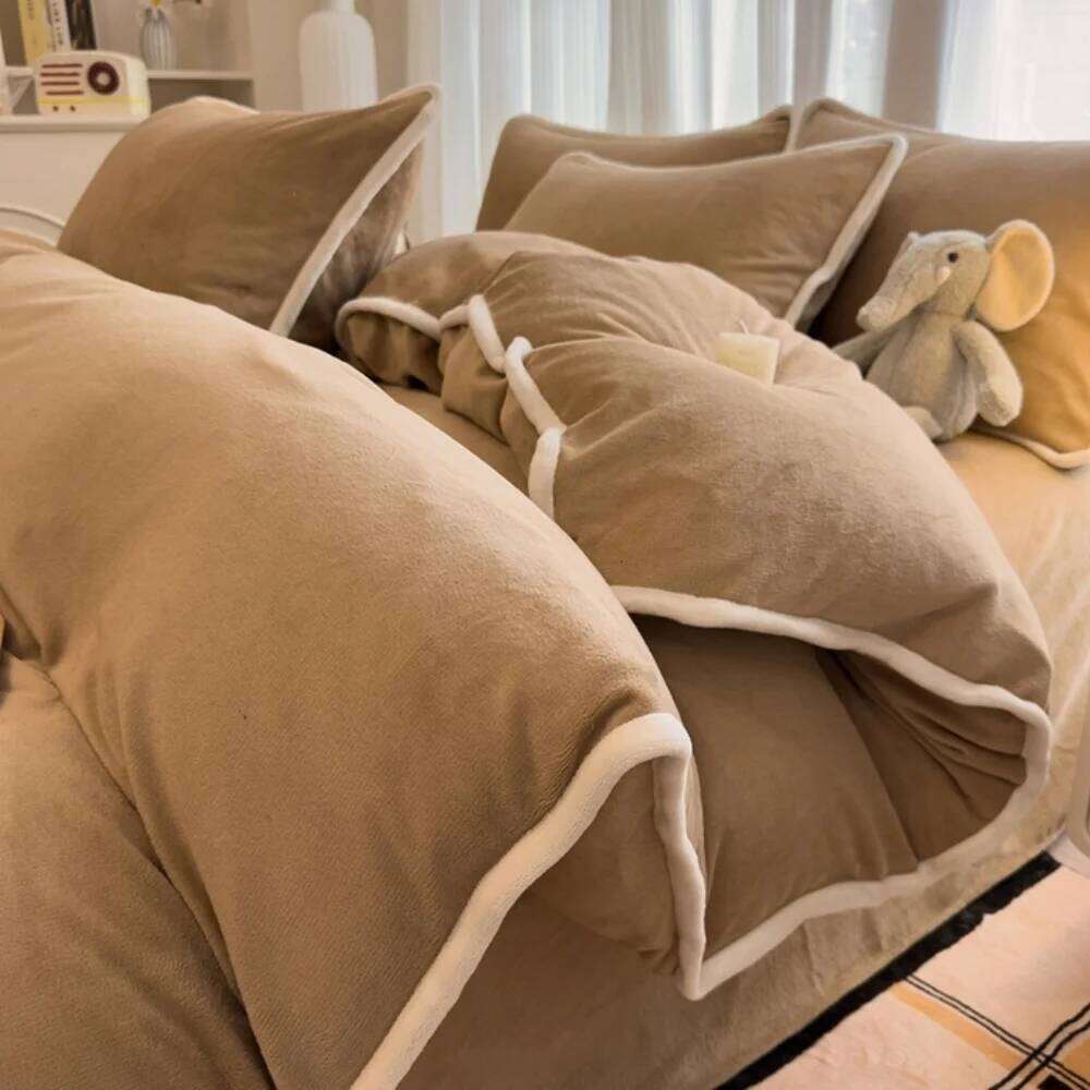 Solid Color Thickened Milk Velvet Bedding Winter Warm Duvet Quilt Cover Bed Sheet Pillowcase Soft Four-Piece Set H260311