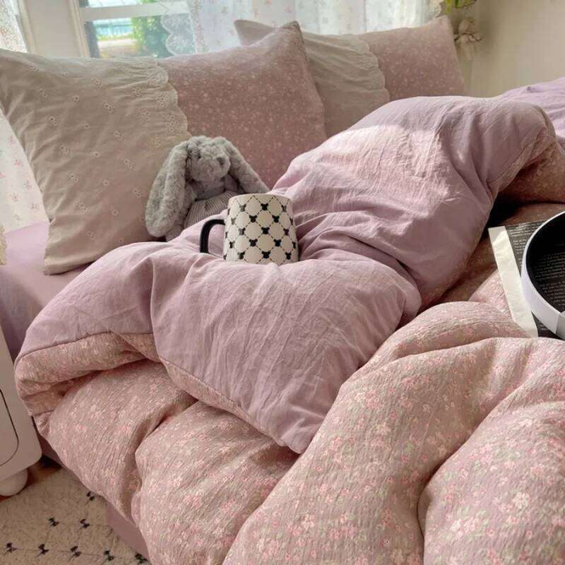 2025 new small floral cloud wrinkle double yarn four-piece princess lace quilt cover three-piece bed sheet set H260311