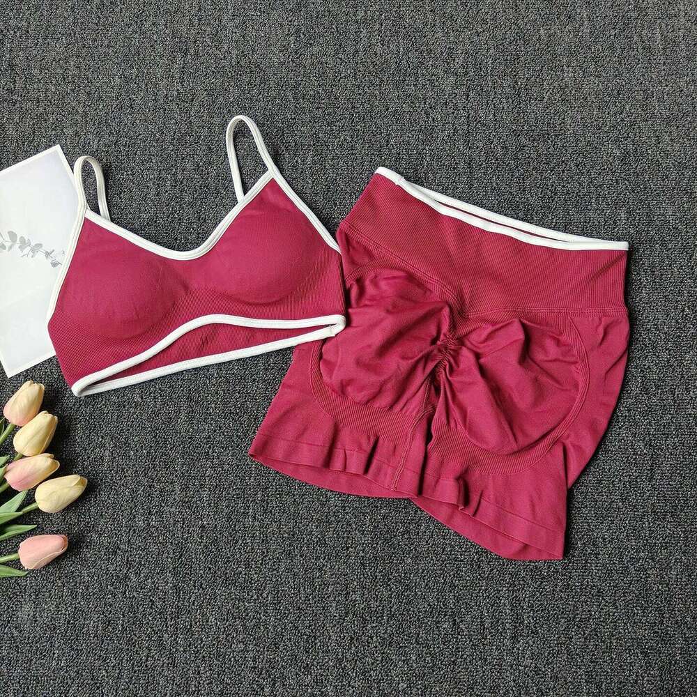 Peach Buttock Yoga Suit Women Gym Seamless Suspender Gathering Bra High Waist Hip Lifting Belly Tightening Shorts Fitness Set 26H0311