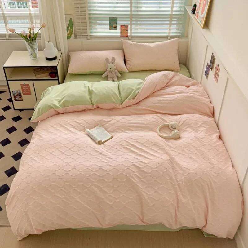 seersucker bed sheet four-piece set washed cotton skin-friendly and comfortable rhombus solid color quilt cover H260311