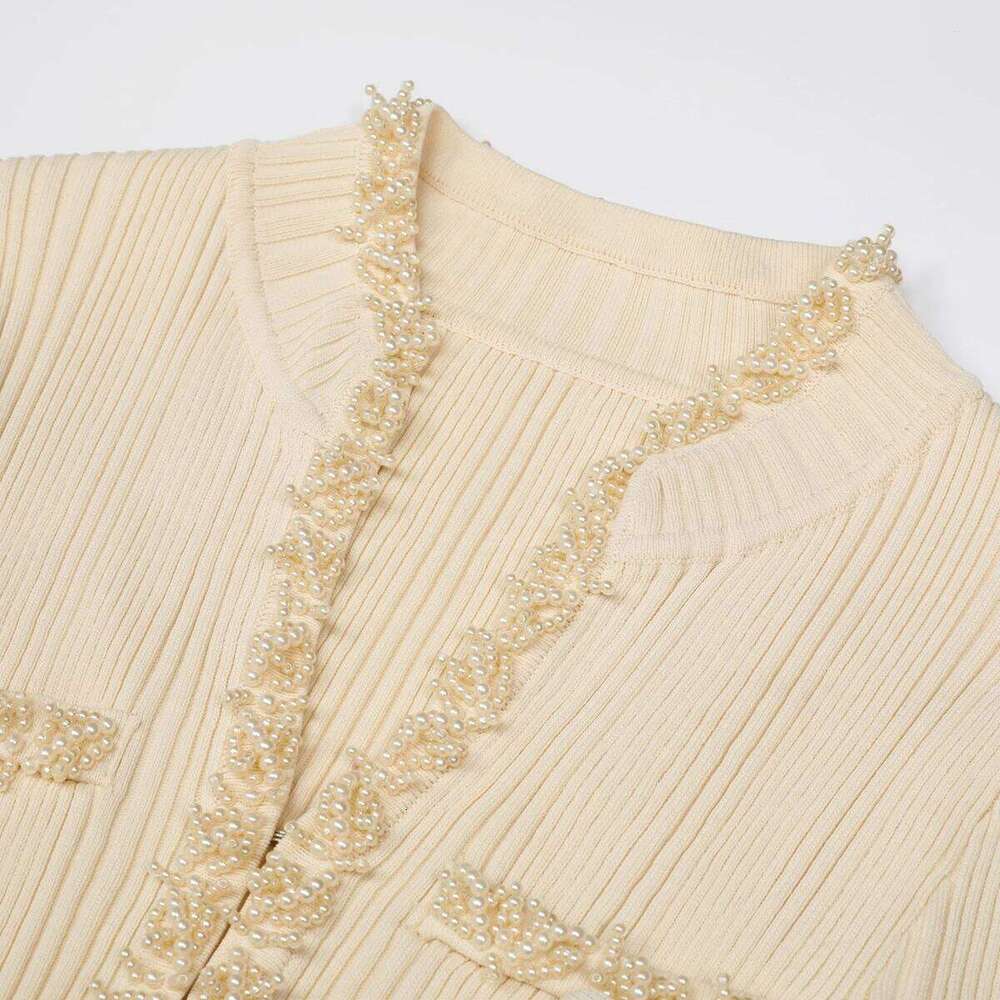 Three Color High-Quality New Fashionable Elastic Knitted V-Neck Slim Fit Handmade Nail Bead Luxurious Long Sleeved Women's Dress