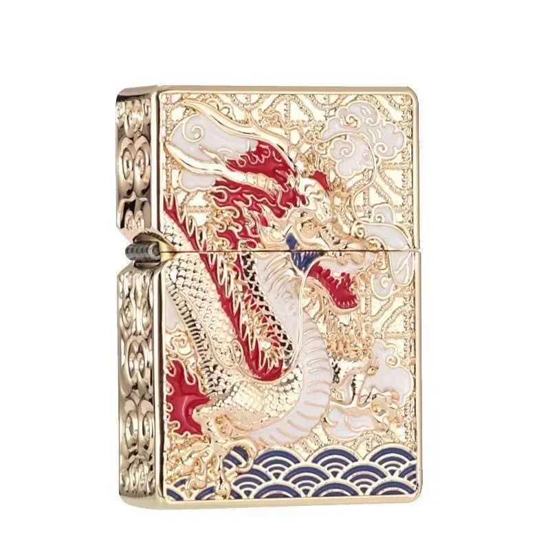 Old-fashioned Armor Kerosene Lighter Windproof Five-sided Embossed Veyron Creative Pure Copper Lighter Mens Gift N260311