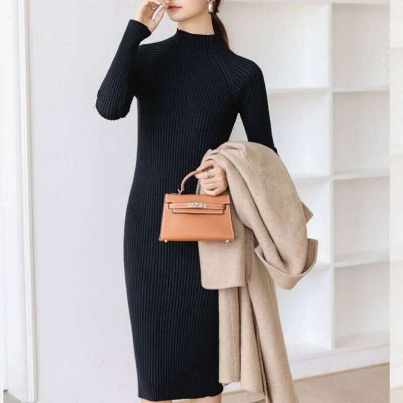 Autumn Winter Half High Collar Dress Sweater Knitted Skirt Women Midi Korean Over the Knee Slim Solid All-match Bodycon Dresses Z260311