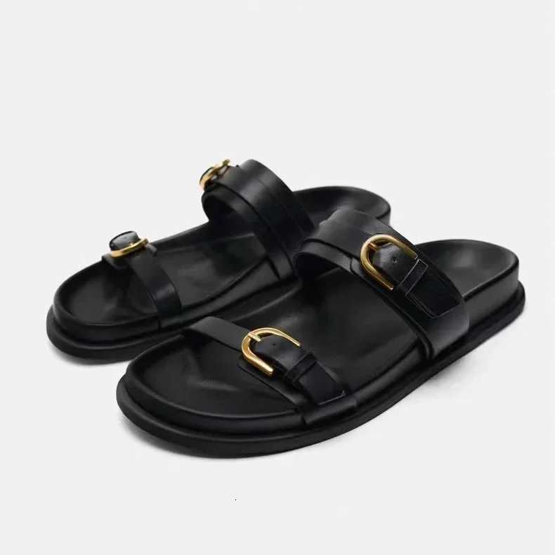 Woman Black Flat Slingback Shoes Female Summer Straps Round Toe Shoes 2025 Womens Sandals Metal Flat Sandals K260311