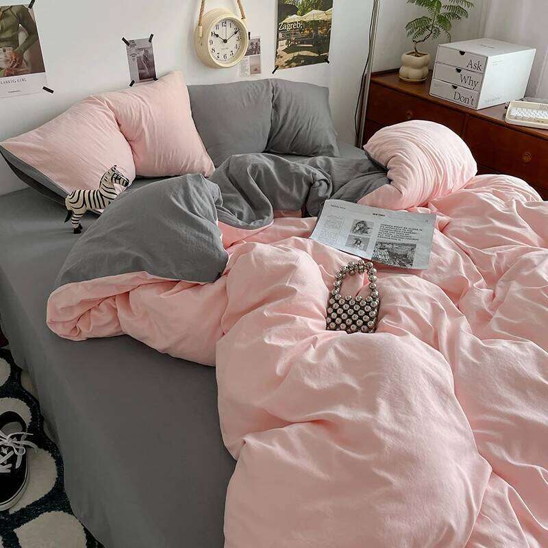 Simple Pink Grey Duvet Fashion Solid Color Bedding Set 3pcs Polyester Comforter Bedroom Quilt Cover 2 Pillowcases H260311