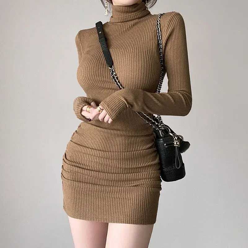 Bodycon Dress Women Knitting Turtleneck Sexy Autumn Folds All-match Vestidos De Mujer Club Tender Soft Korean Style Casual Daily M260311