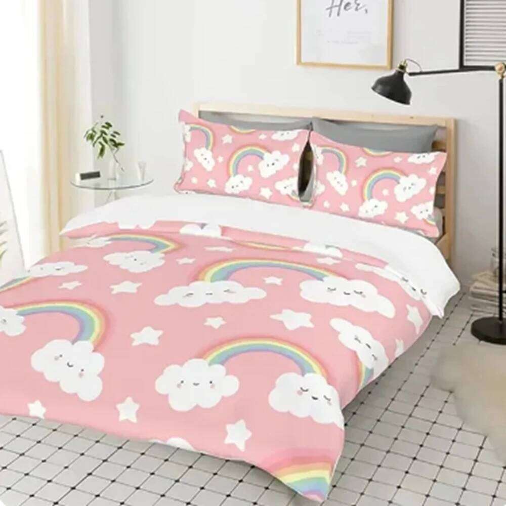 Double Set for Girl Pink Yellow Rainbow Star Duvet Cover Women Kids Bedroom Decor H260311