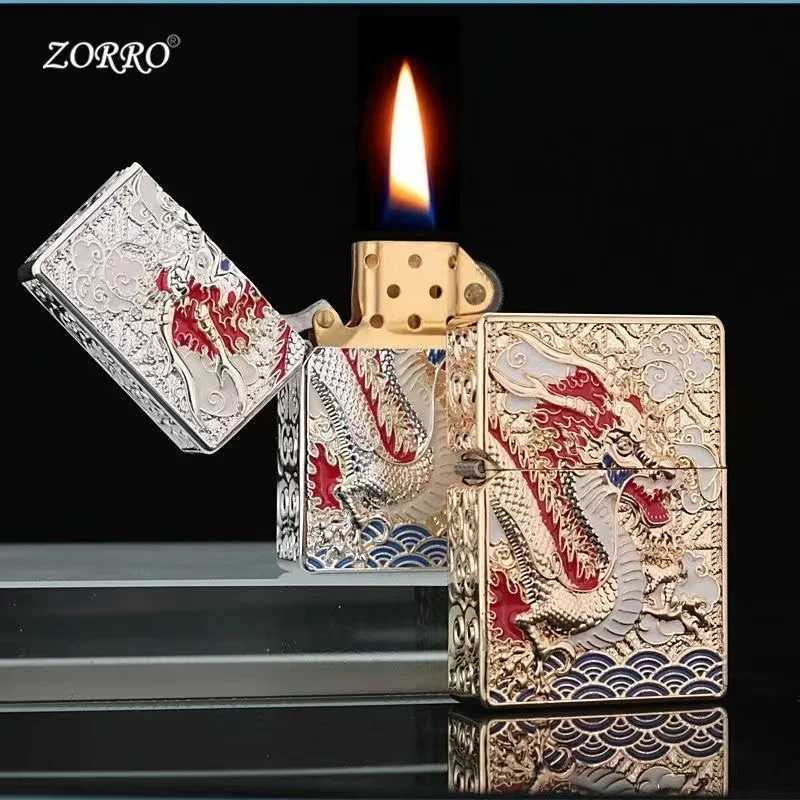 Old-fashioned Armor Kerosene Lighter Windproof Five-sided Embossed Veyron Creative Pure Copper Lighter Mens Gift N260311