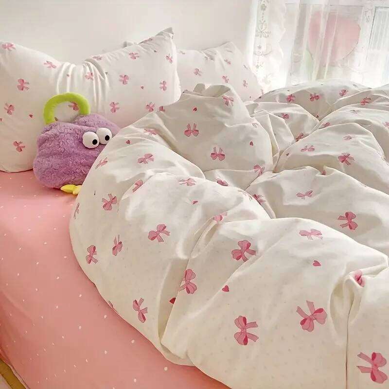 3pcs Pink Bow Duvet Set with 2 Pillowcases, Cozy and Breathable Quilt Cover Suitable for All Seasons H260311
