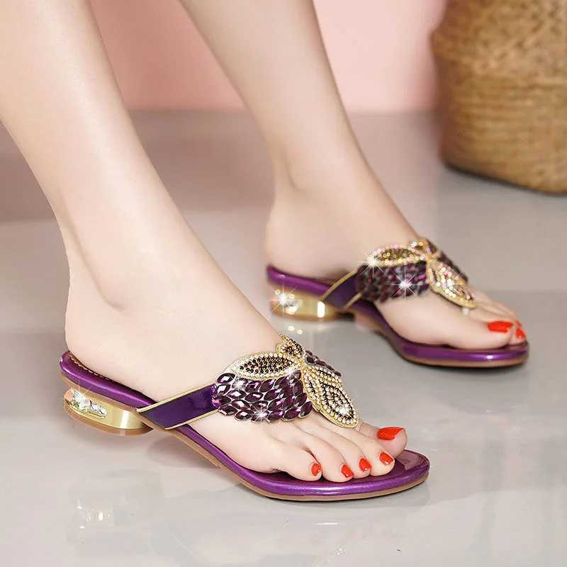 Water Diamond for Women Summer Outwear Bohemian Beach Shoes Low Heel Holiday Flip Flops Sandals K260311